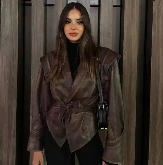 Women's Short Leather Jacket w/Belt