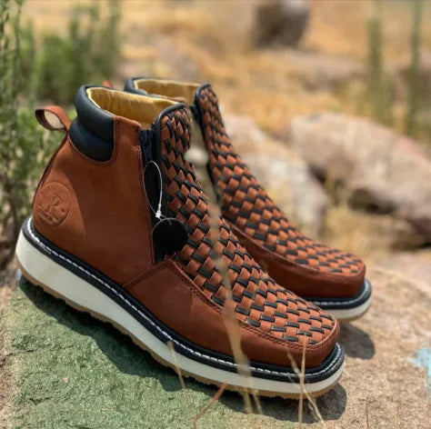 Retro Western Cowboy Boots with Side Zipper – Handwoven European-American Style