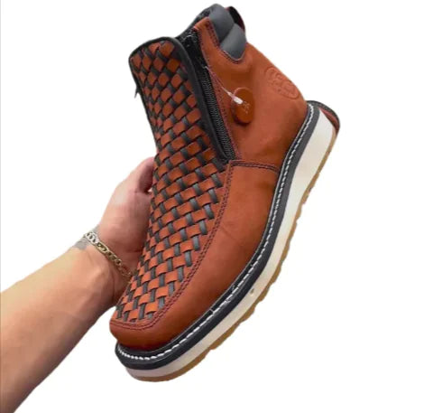 Retro Western Cowboy Boots with Side Zipper – Handwoven European-American Style