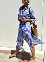 Women's Half-Sleeve Striped Cardigan Lace-Up Dress