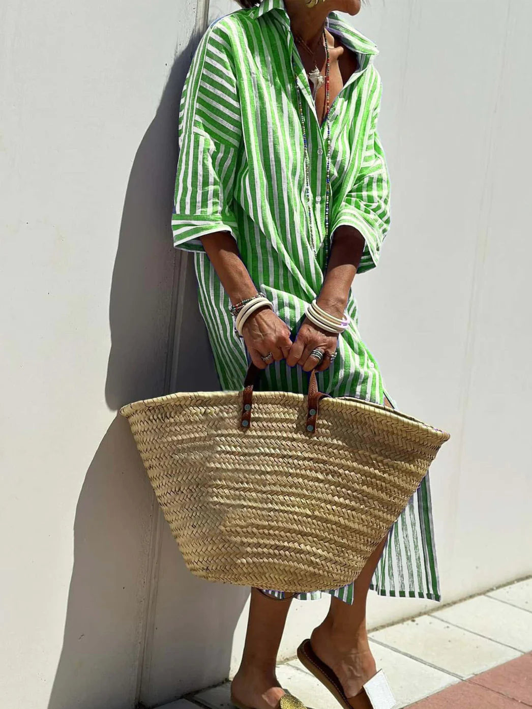 Women's Half-Sleeve Striped Cardigan Lace-Up Dress