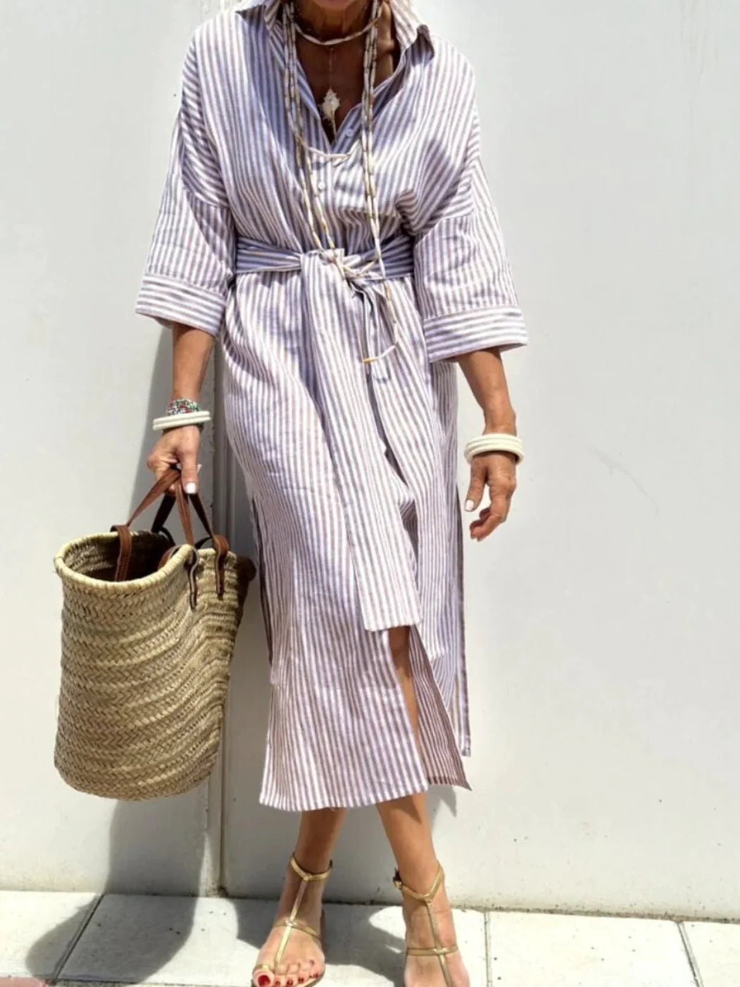Women's Half-Sleeve Striped Cardigan Lace-Up Dress