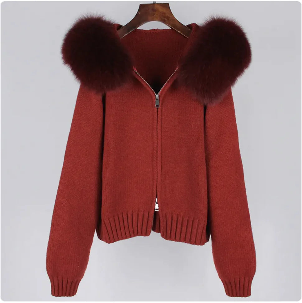 Hooded Sweater with Real Fox Fur Collar