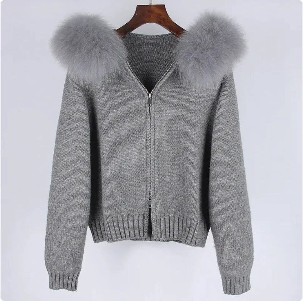 Hooded Sweater with Real Fox Fur Collar