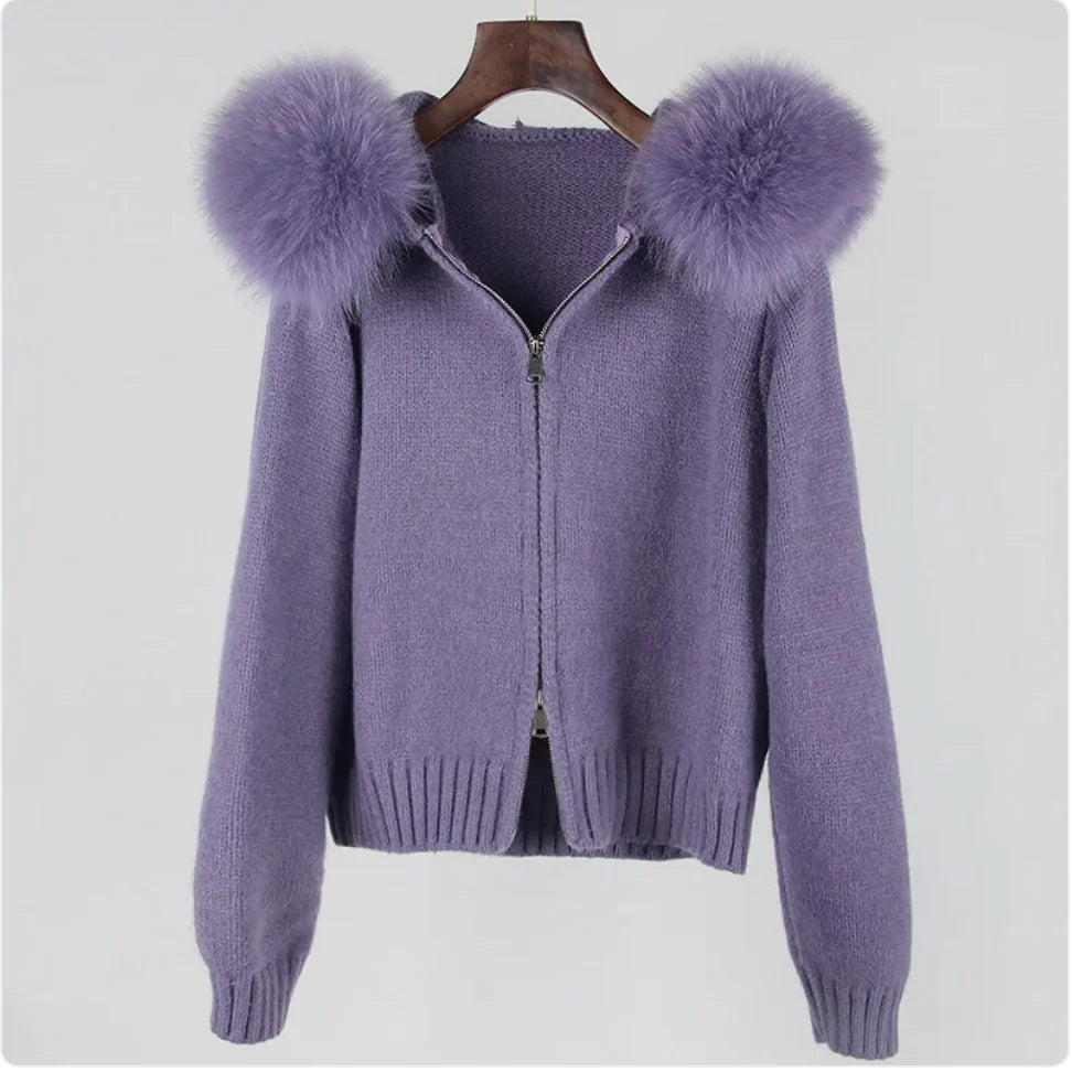 Hooded Sweater with Real Fox Fur Collar