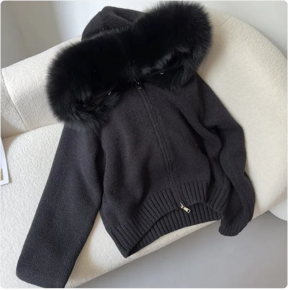 Hooded Sweater with Real Fox Fur Collar