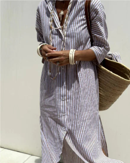 Women's Half-Sleeve Striped Cardigan Lace-Up Dress