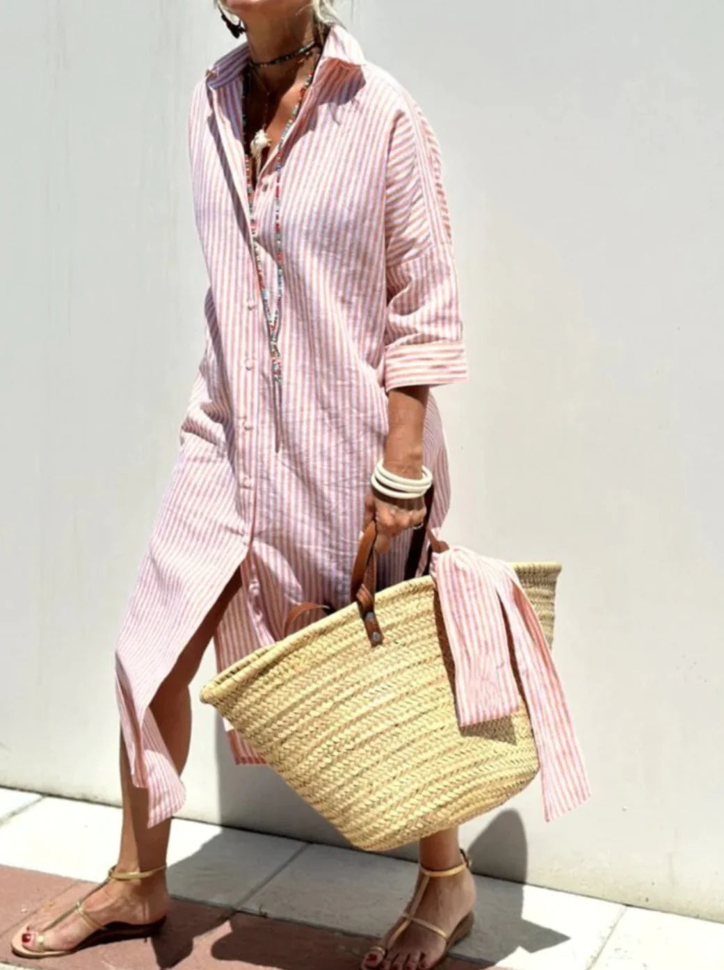 Women's Half-Sleeve Striped Cardigan Lace-Up Dress