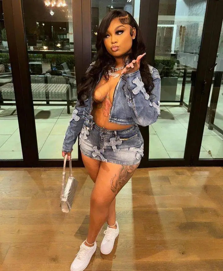 Denim Embroidered Skirt & Jacket Set