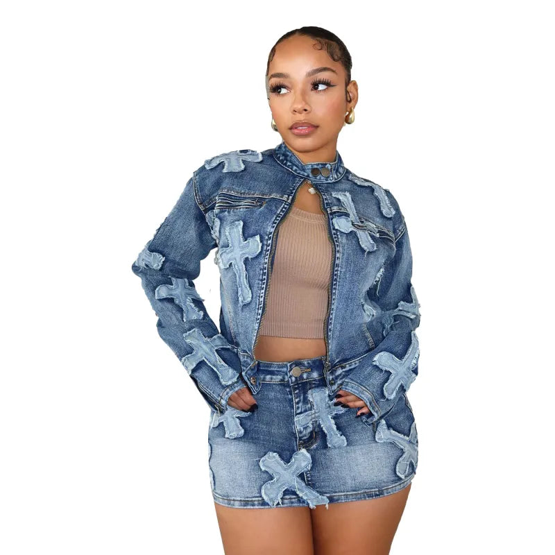 Denim Embroidered Skirt & Jacket Set
