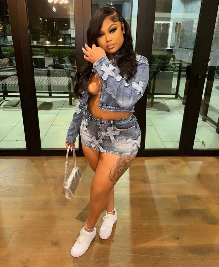 Denim Embroidered Skirt & Jacket Set