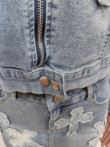 Denim Embroidered Skirt & Jacket Set