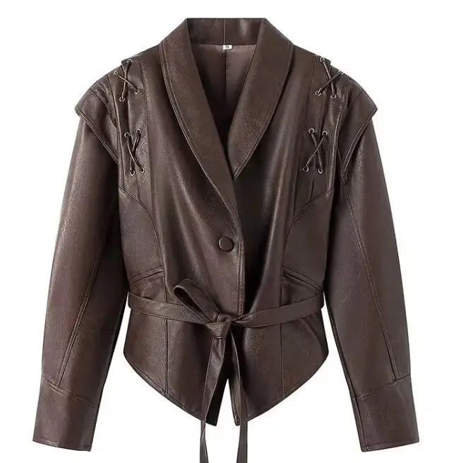 Women's Short Leather Jacket w/Belt