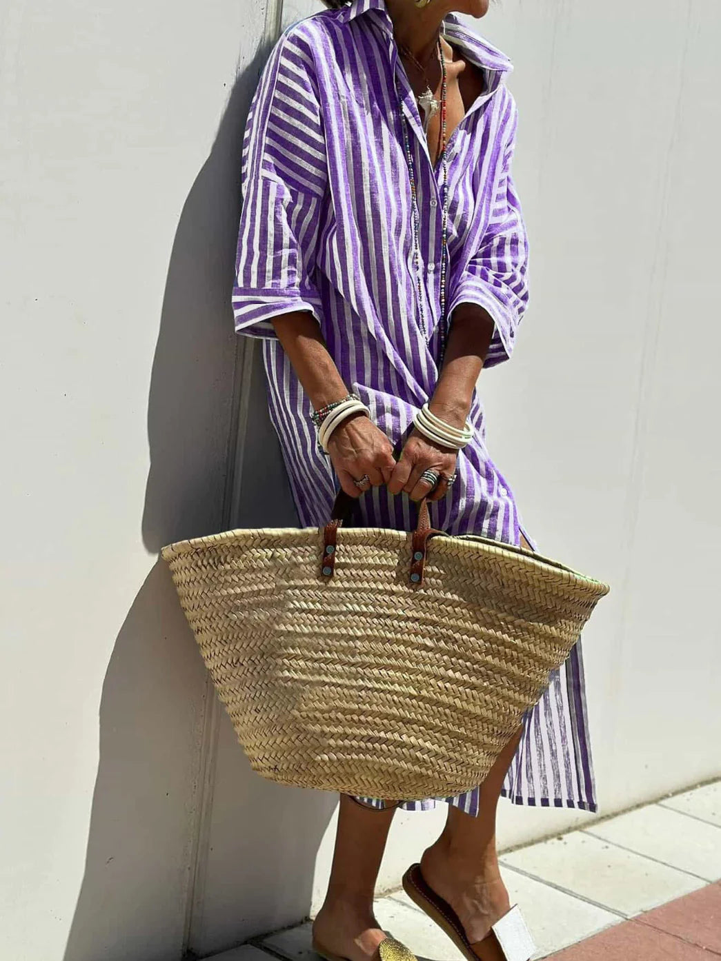 Women's Half-Sleeve Striped Cardigan Lace-Up Dress