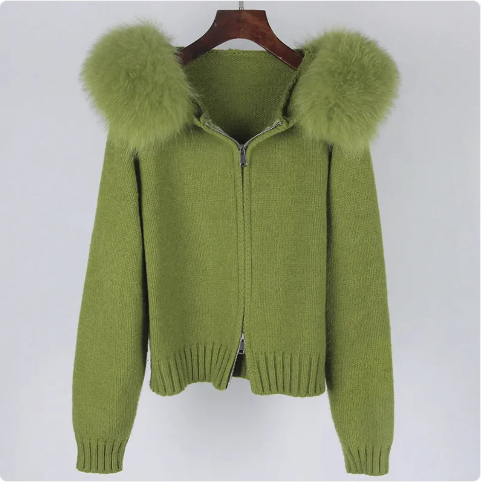 Hooded Sweater with Real Fox Fur Collar