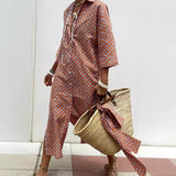Women's Half-Sleeve Striped Cardigan Lace-Up Dress
