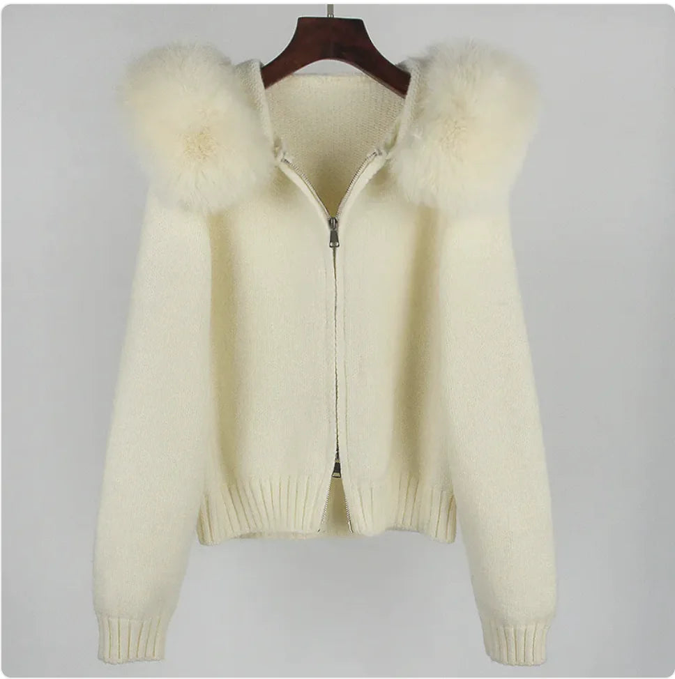 Hooded Sweater with Real Fox Fur Collar