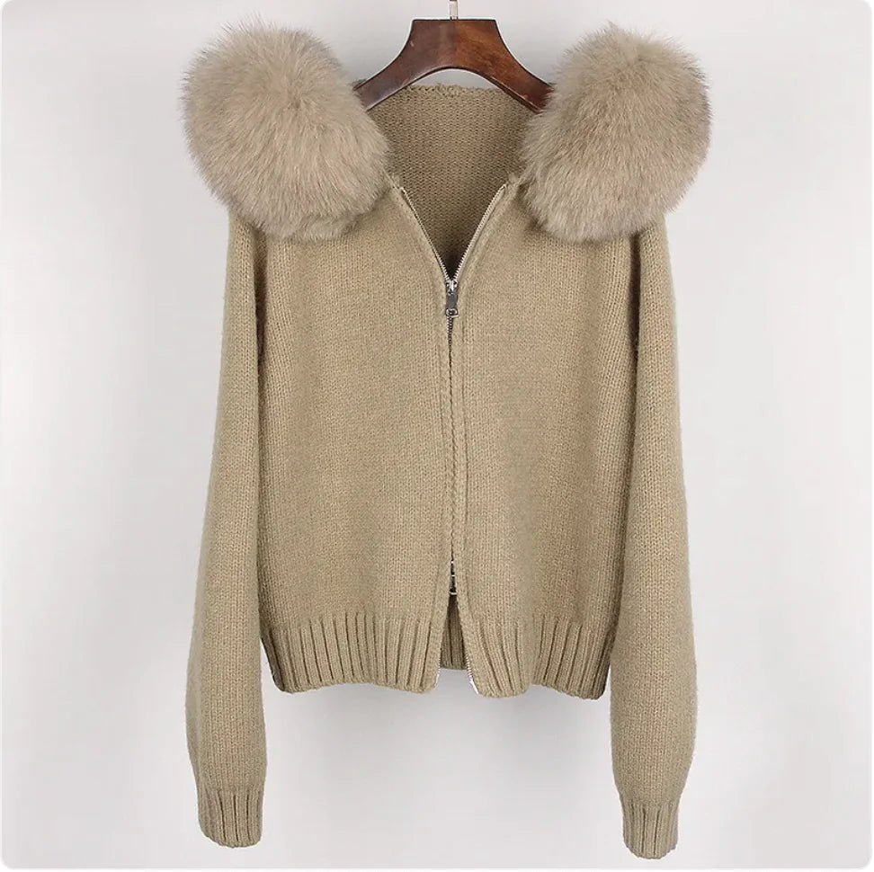 Hooded Sweater with Real Fox Fur Collar